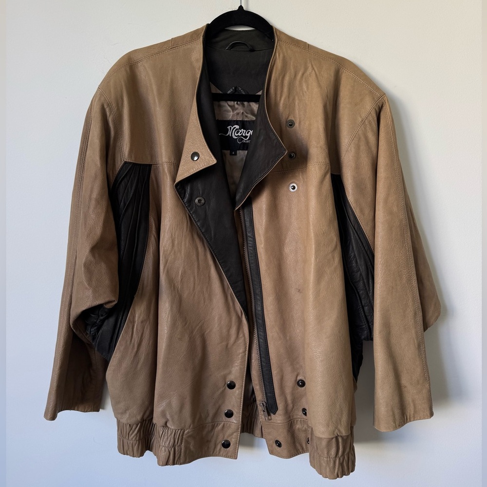 Mango Vintage Two Tone Leather Bomber Jacket - Size 6 - Picture 2 of 15